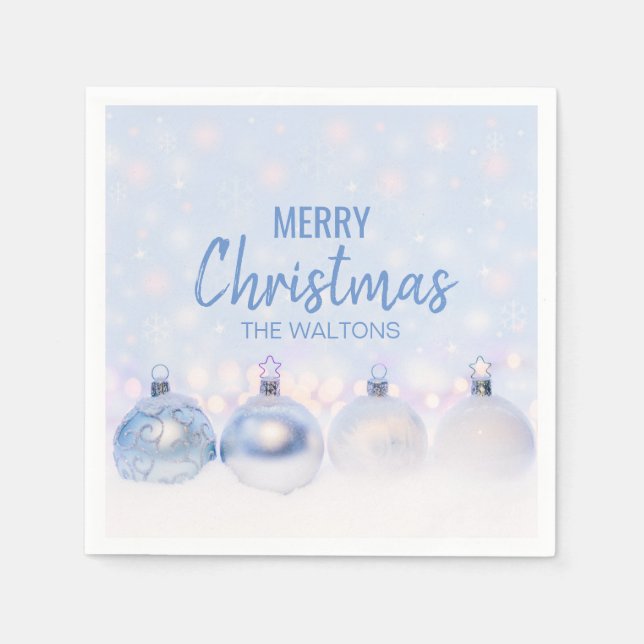 Personalized Blue White Snowflakes Merry Christmas Napkins (Front)