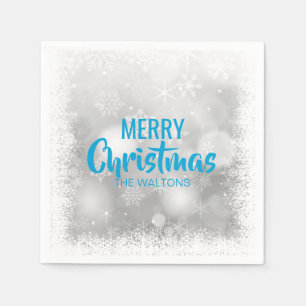Personalized Blue White Snowflakes Merry Christmas Paper Napkins