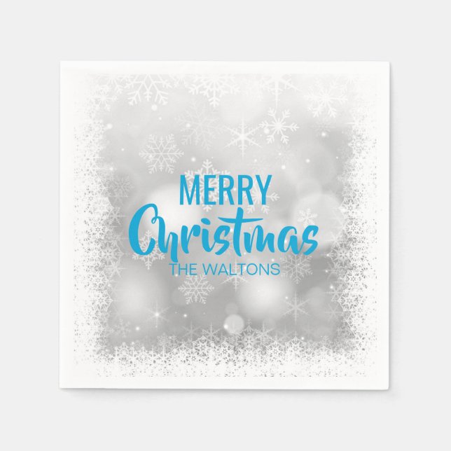 Personalized Blue White Snowflakes Merry Christmas Paper Napkins (Front)