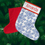 Personalized Blue White Snowflakes Red Back Small Christmas Stocking<br><div class="desc">Beautiful vintage victorian style blue and white chinoiserie snowflakes decorate these Christmas stockings. Personalize with the name of your choice!  Perfect for shabby chic,  country French,  farmhouse and so many other décors. Makes a nice hostess gift. 2 sizes.</div>