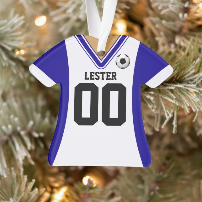 Personalized Blue/White Soccer Jersey Ornament (Tree)