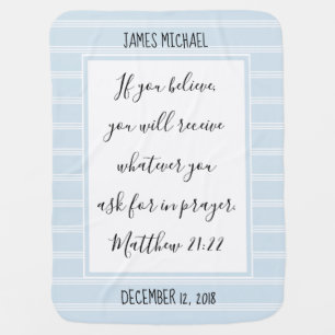 Personalized Blue/White Stripe, Verse from Matthew Baby Blanket