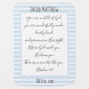 Personalized, Blue/White Stripe, Verse from Psalm Baby Blanket