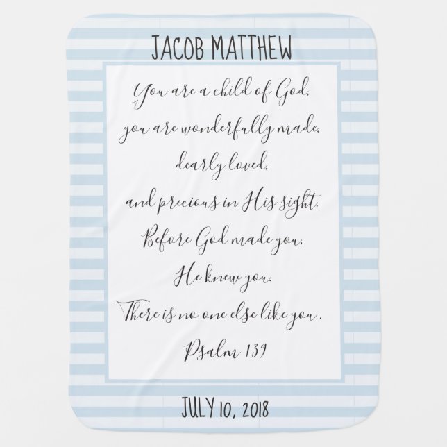 Personalized, Blue/White Stripe, Verse from Psalm Baby Blanket (Front)