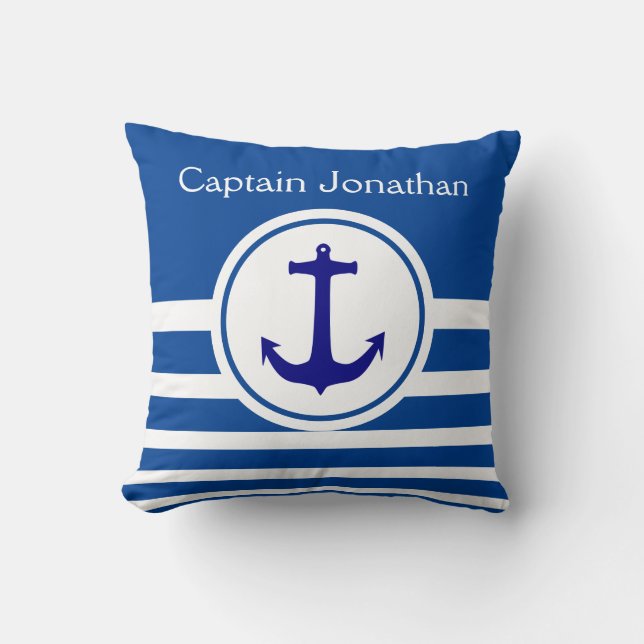 Personalized Blue & White Striped Navy Blue Anchor Throw Pillow (Front)