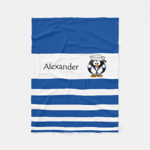 Personalized Blue & White Striped Penguin Sailor Fleece Blanket