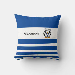 Personalized Blue & White Striped Penguin Sailor Throw Pillow