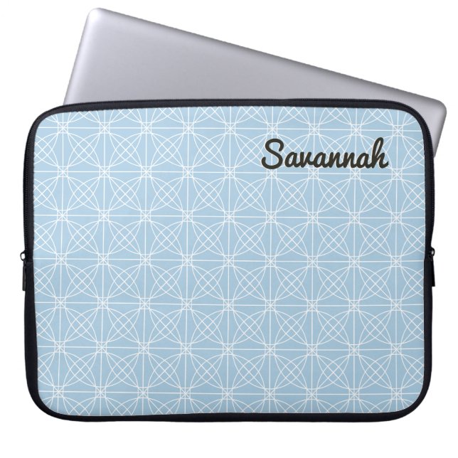Personalized Blue White Tile Pattern Pretty Boho Laptop Sleeve (Front)
