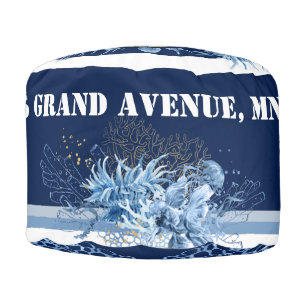 Personalized Blue & White Watercolor Coastal style Pouf