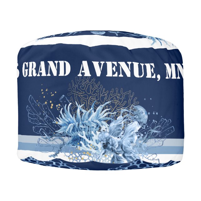 Personalized Blue & White Watercolor Coastal style Pouf (Front)