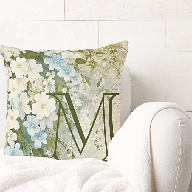 Personalized Blue White Watercolor Flowers  Throw Pillow (Creator Uploaded)