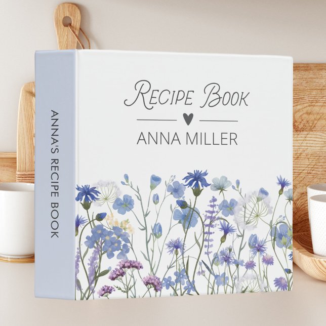 Personalized Blue Wildflower Floral Recipe 3 Ring Binder (In situ)