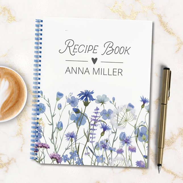Personalized Blue Wildflower Floral Recipe Book (In situ)