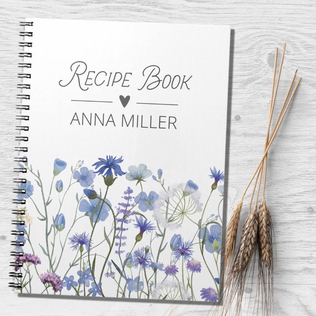 Personalized Blue Wildflower Floral Recipe Notebook (In situ)
