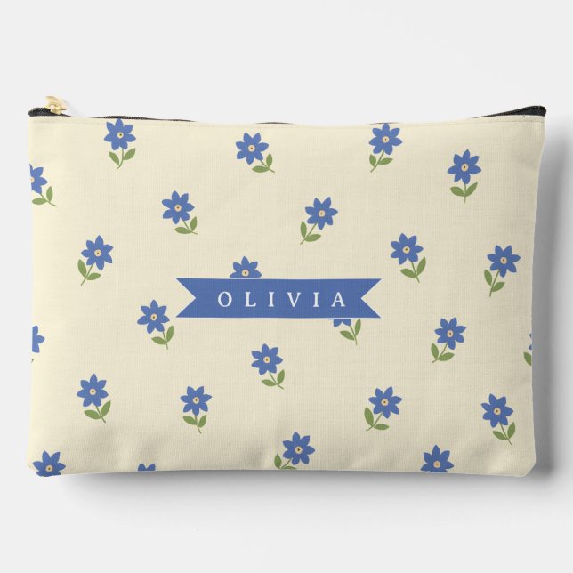Personalized Blue Wildflower Pattern Name Gift Accessory Pouch (Front)