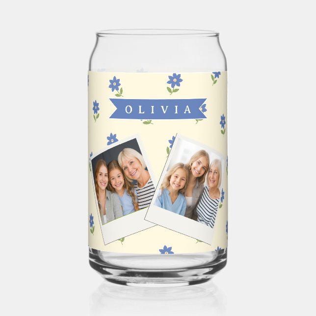 Personalized Blue Wildflower Pattern Name Gift Can Glass (Front)