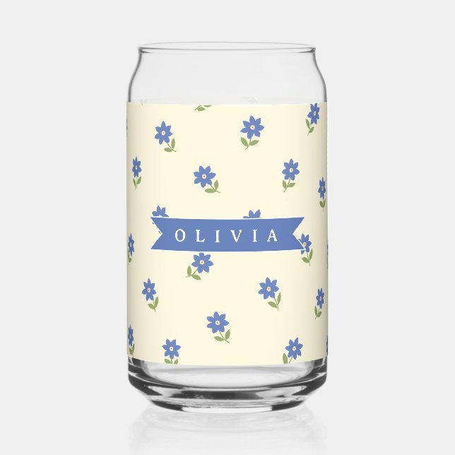 Personalized Blue Wildflower Pattern Name Gift Can Glass (Front)