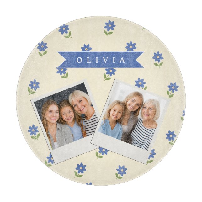 Personalized Blue Wildflower Pattern Name Gift Cutting Board (Front)