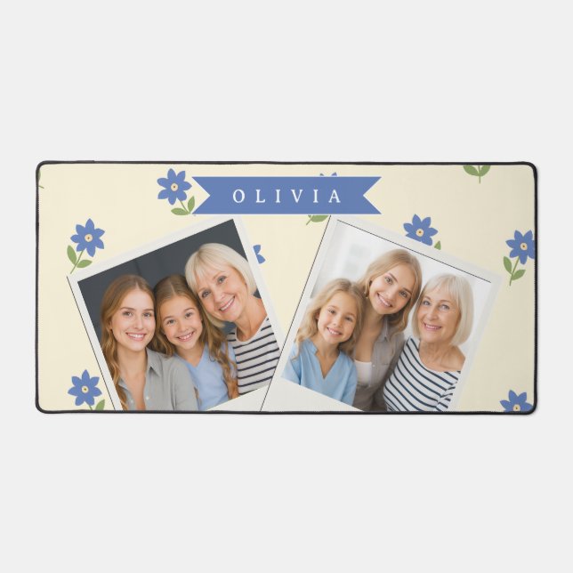 Personalized Blue Wildflower Pattern Name Gift Desk Mat (Front)