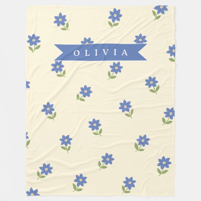 Personalized Blue Wildflower Pattern Name Gift Fleece Blanket (Front)