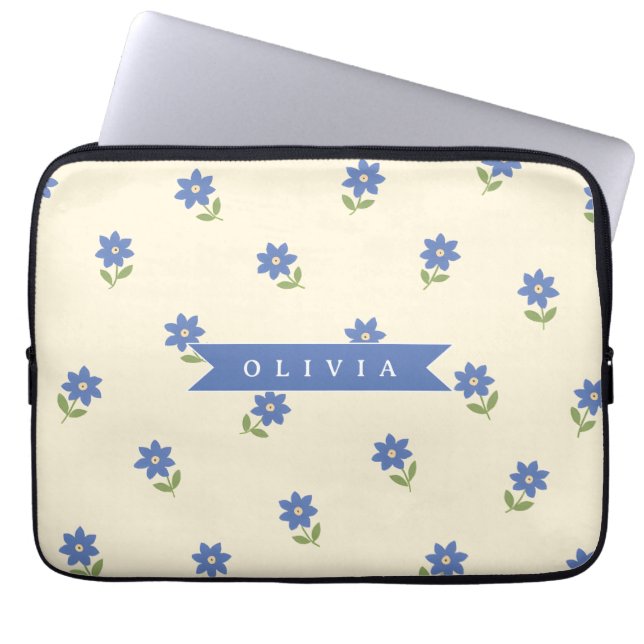 Personalized Blue Wildflower Pattern Name Gift Laptop Sleeve (Front)