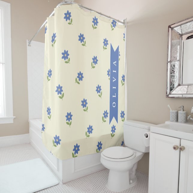 Personalized Blue Wildflower Pattern Name Gift Shower Curtain (In Situ)