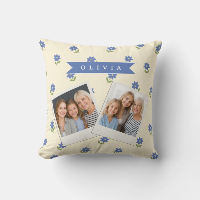 Personalized Blue Wildflower Pattern Name Gift Throw Pillow (Front)
