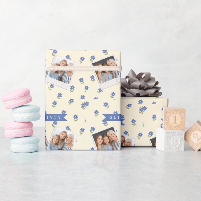 Personalized Blue Wildflower Pattern Name Gift Wrapping Paper (Baby Shower)