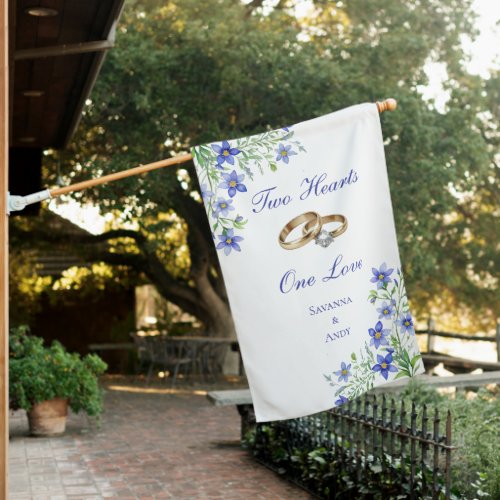 Personalized Blue Wildflowers Wedding Engagement  House Flag