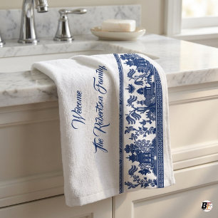 Personalized Blue Willow Chinoiserie Family Welcom Hand Towel