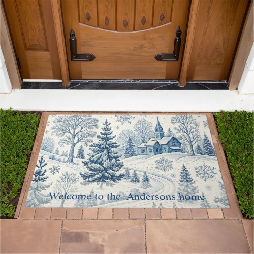 Personalized Blue Winter Church Christmas Mat
