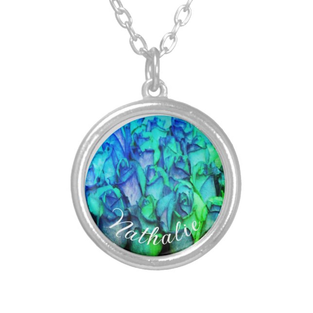 Personalized blue withered roses  silver plated necklace (Front)