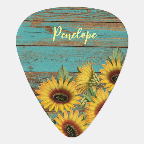 Personalized Blue Wood Rustic Sunflowers Guitar Pick