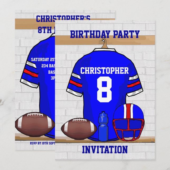 Personalized Blue WR Football Jersey Birthday Invitation (Front/Back)