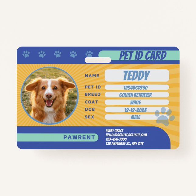 Personalized Blue Yellow Green Dog Photo ID Badge (Front)
