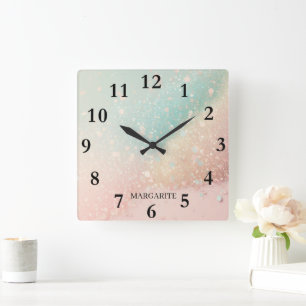 Personalized Blue Yellow Pink Pastels Square Wall Clock