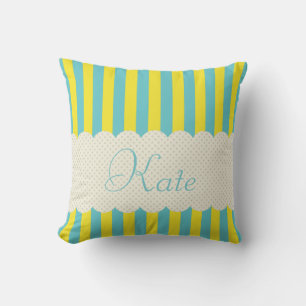 Personalized Blue Yellow Stripes Polka Dots Design Throw Pillow