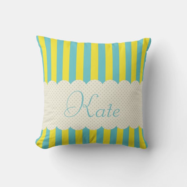 Personalized Blue Yellow Stripes Polka Dots Design Throw Pillow (Front)