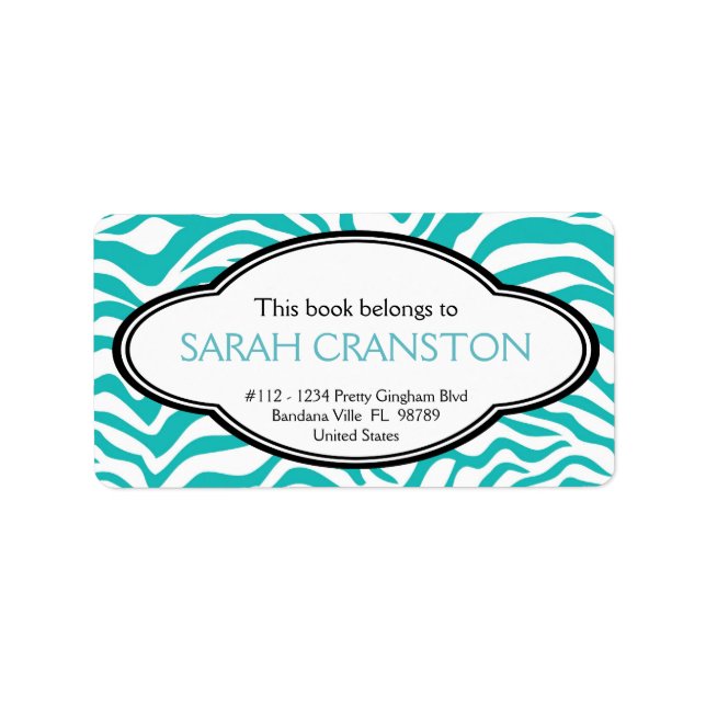 Personalized BLUE Zebra Stripes Pattern Bookplate (Front)