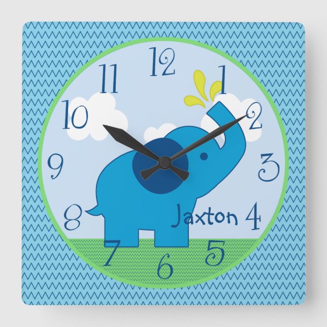 Personalized Blue Zig Zag Elephant Nursery Clock (Front)