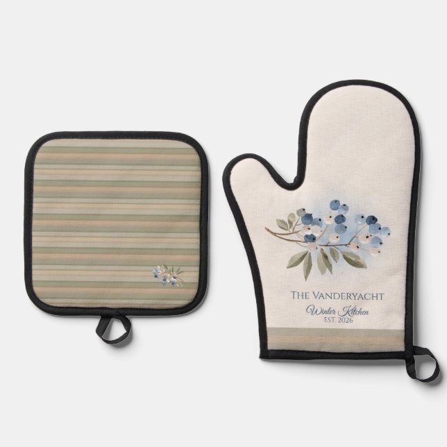 Personalized Blueberry Botanical  Oven Mitt & Pot Holder Set (Front)