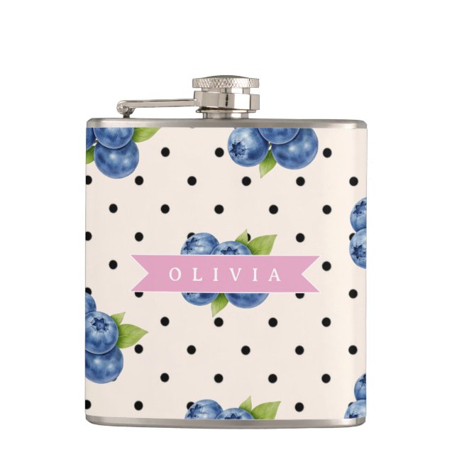 Personalized Blueberry Polka Dot Cute Vintage Flask (Front)