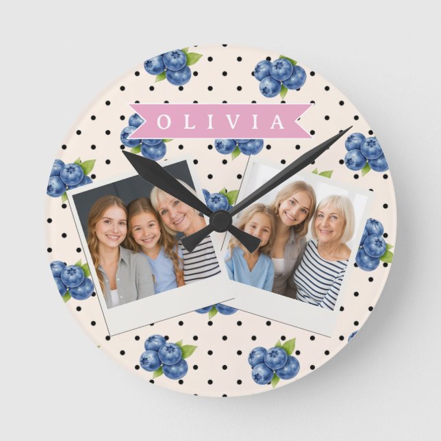 Personalized Blueberry Polka Dot Cute Vintage Round Clock (Front)