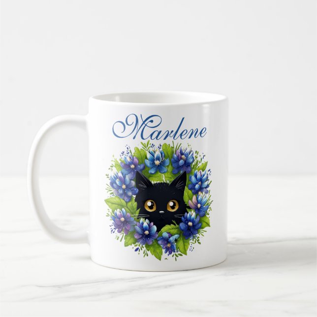 Personalized Bluebonnets Cute Cat Texas Flowers Coffee Mug (Left)