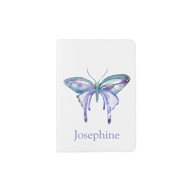 Personalized Bluish Purple Watercolor Butterfly Passport Holder (Front)
