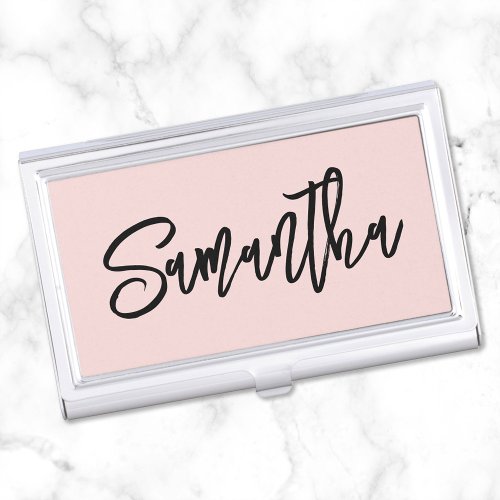 Personalized Blush and Black Brush Script Business Card Case
