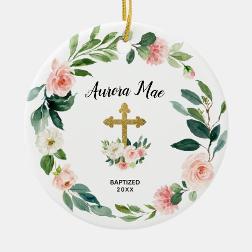 Personalized Blush Floral Baptism Ceramic Ornament