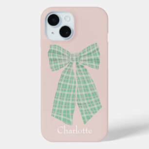 Personalized Blush Gingham Romantic Coquette Bow iPhone 15 Case
