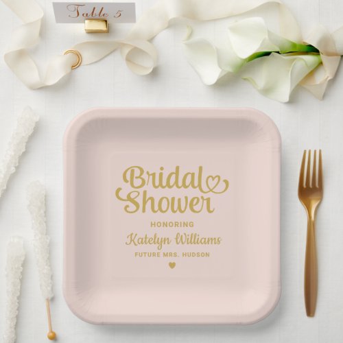 Personalized Blush Gold Wedding Bridal Shower Paper Plates