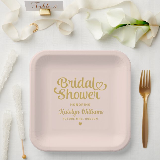 Personalized Blush Gold Wedding Bridal Shower Paper Plates (Wedding)